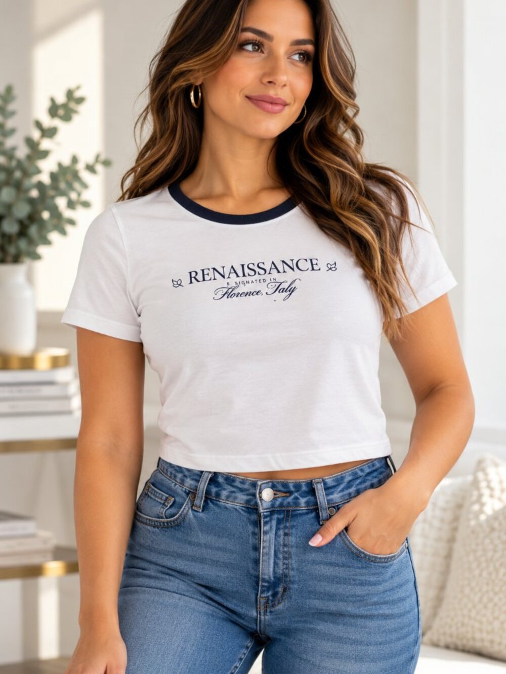 H&M Divided Crop Tee White Women's S Renaissance Florence Italy Graphic Ringer